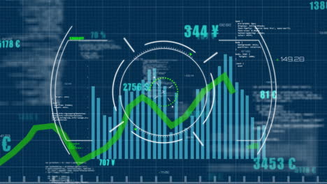 Animation of financial data processing and scope over dark background