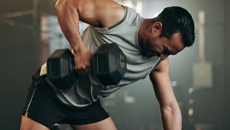 asian man, dumbbell and weightlifting in fitness