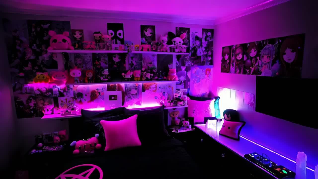 dormitorio con tema de anime con iluminación rosada y púrpura
