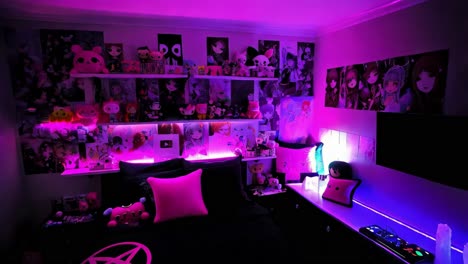 anime-themed bedroom with pink and purple lighting