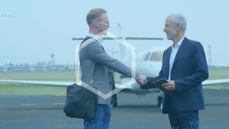 abstract shape and data processing over two caucasian businessmen shaking hands at airport runway