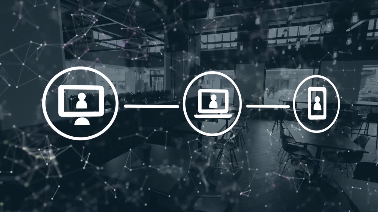 Animation of network of connections and digital icons against view of a empty cafe