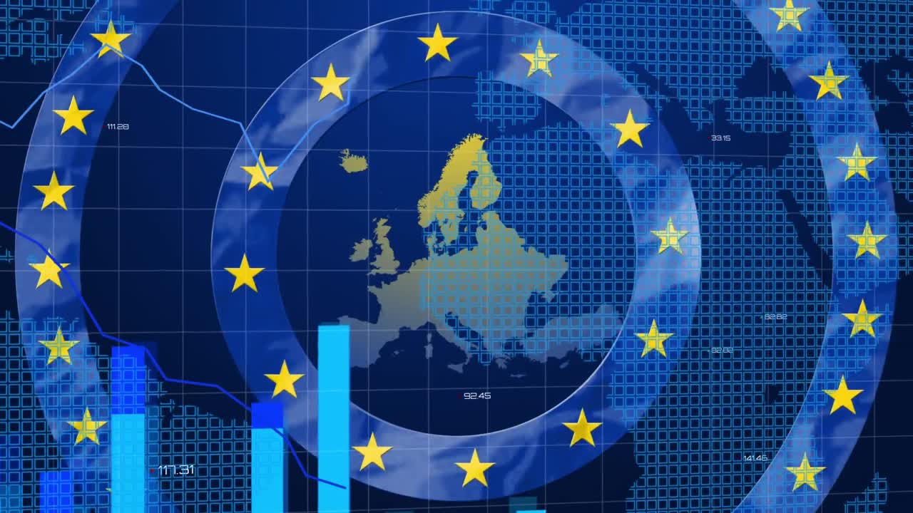 노란색 별과 파란색 원이 회전하고 파란색 그래프가 세계 지도에 비해 유럽 지도 위에 형성됩니다.