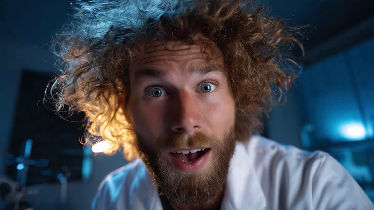 An Enthusiastic Scientist Expressing Wonder in a Laboratory Setting with Unique Hair Style at Night, Capturing the Excitement of Discovery and Innovation
