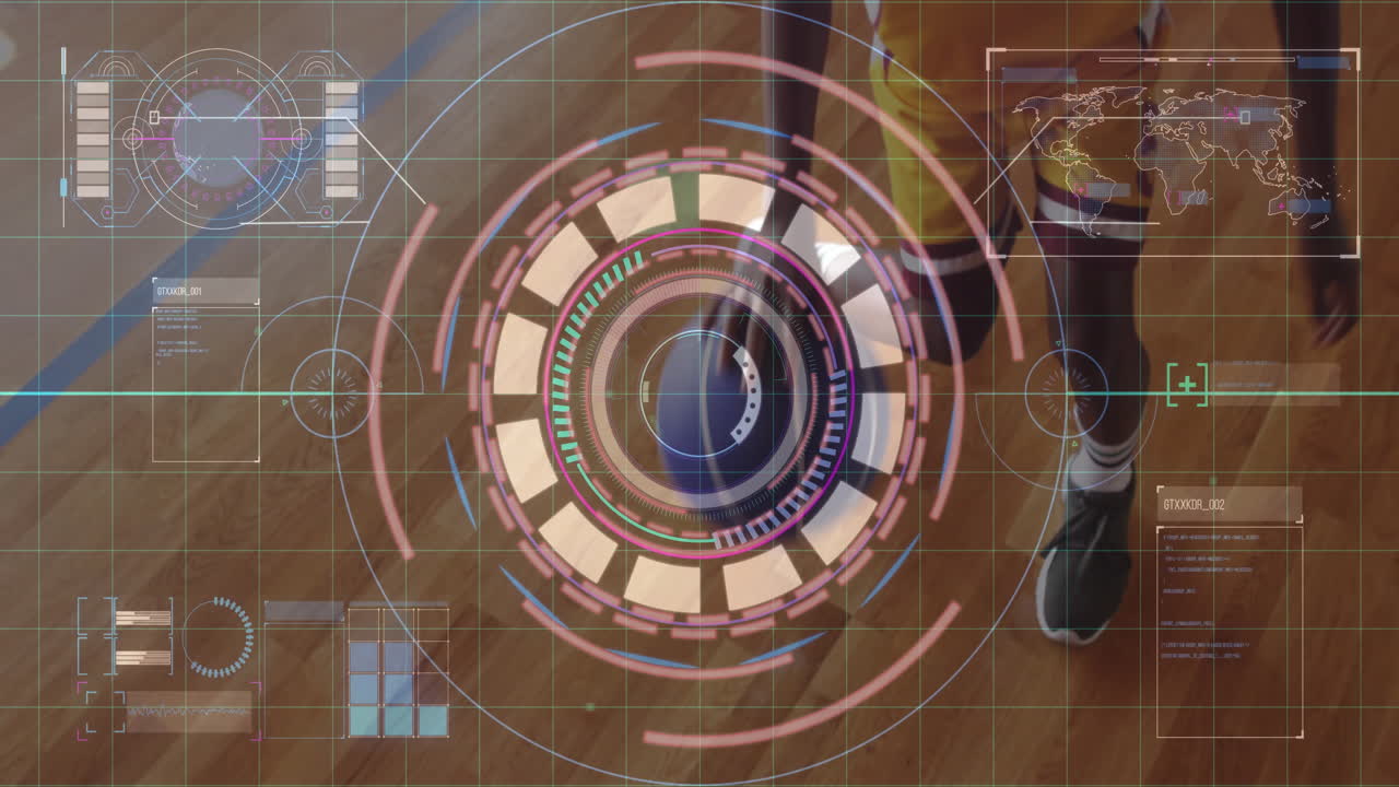 Person standing on wooden floor with futuristic digital animation interface graphics