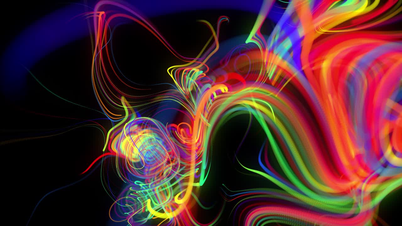 Abstract looped background with flow of glow multicolor lines or light streaks. Running lights particles form in 3d space glowing beautiful curved lines with neon light. Beautiful creative bg in 4k.