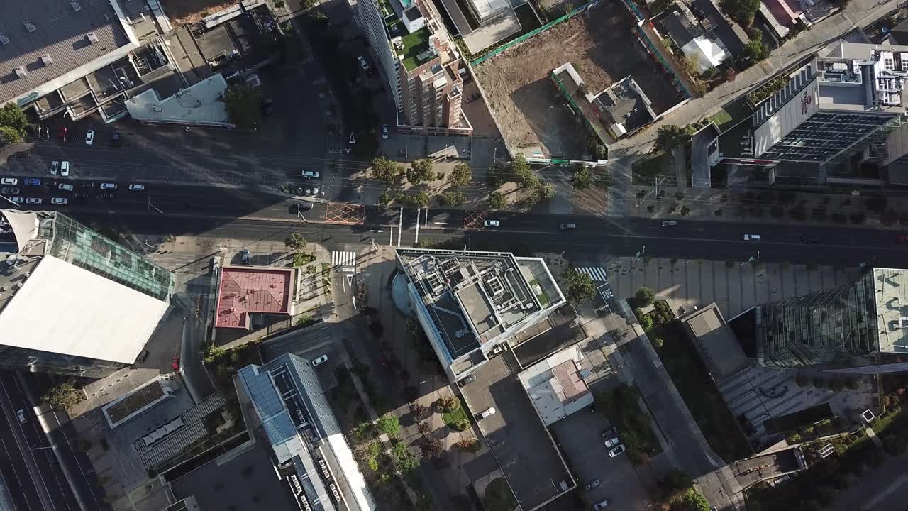 Chile, Santiago, Aerial View of Street Traffic and Modern Buildings in Las Condes Neighborhood, Top Down Birdseye Overlook