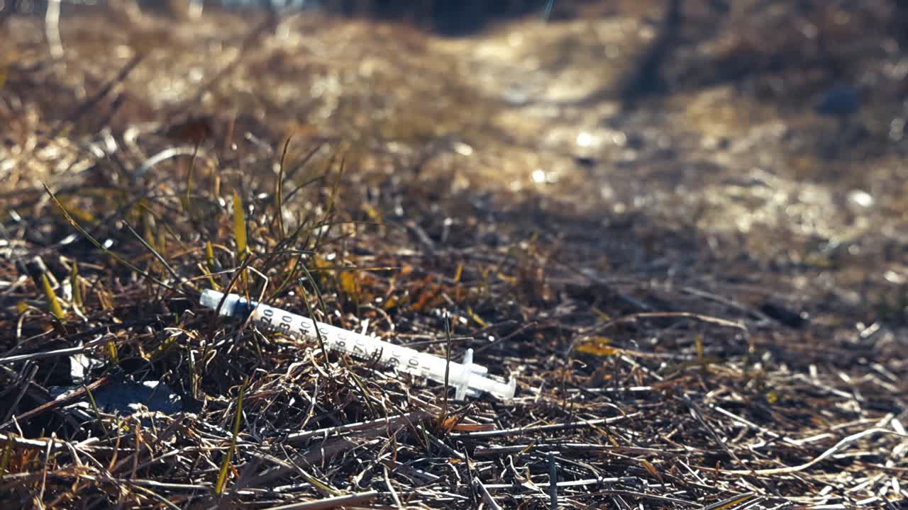 Zużyta strzykawka medyczna niedbale porzucona w suchej trawie, symbolizująca problemy nadużywania narkotyków, uzależnienia i zanieczyszczenia środowiska w przestrzeni publicznej, stanowiąca poważne zagrożenie dla zdrowia.