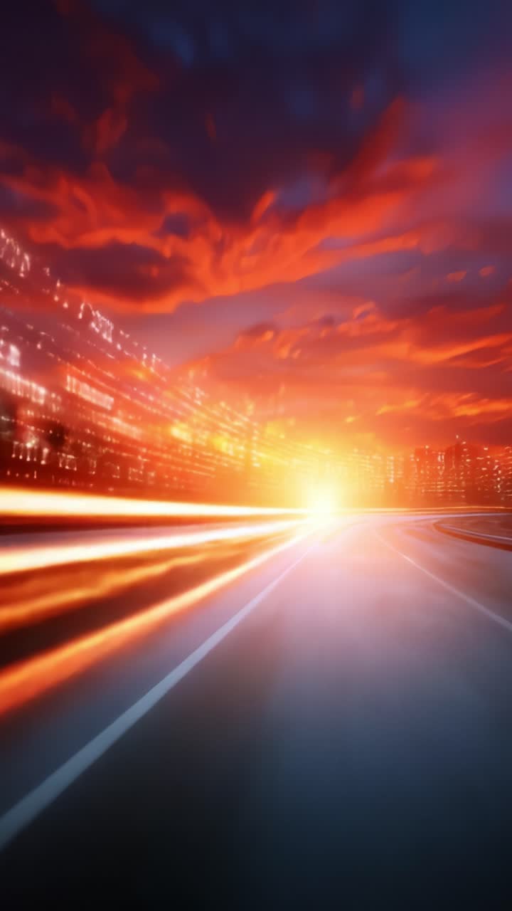 Tramonto dinamico su un paesaggio urbano: colori vivaci illuminano le strade cittadine in movimento, catturati in uno splendido crepuscolo con scie di luce dei veicoli