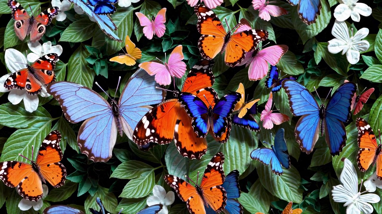 Farfalle vivaci che volano e svolazzano tra foglie verdi e fiori bianchi