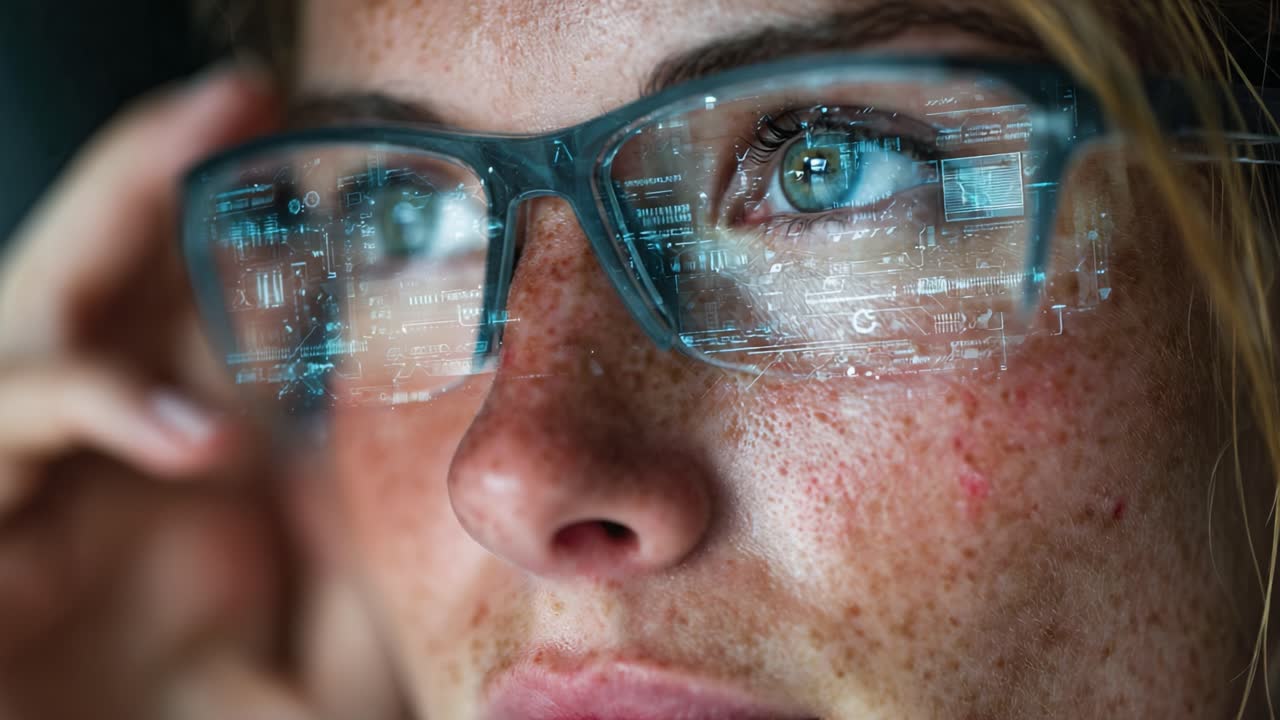 A Close-Up View of a Woman Wearing Smart Glasses Featuring a Digital Interface with a Futuristic Display of Data and Information Reflected in Her Eyes