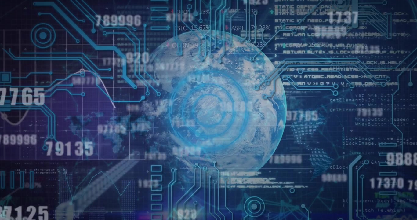 Animation of changing numbers and microprocessor connections over globe against blue background