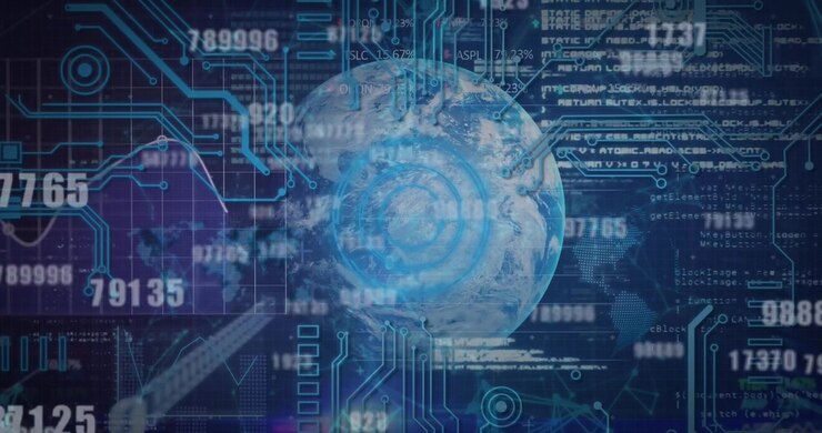 Animation of changing numbers and microprocessor connections over globe against blue background