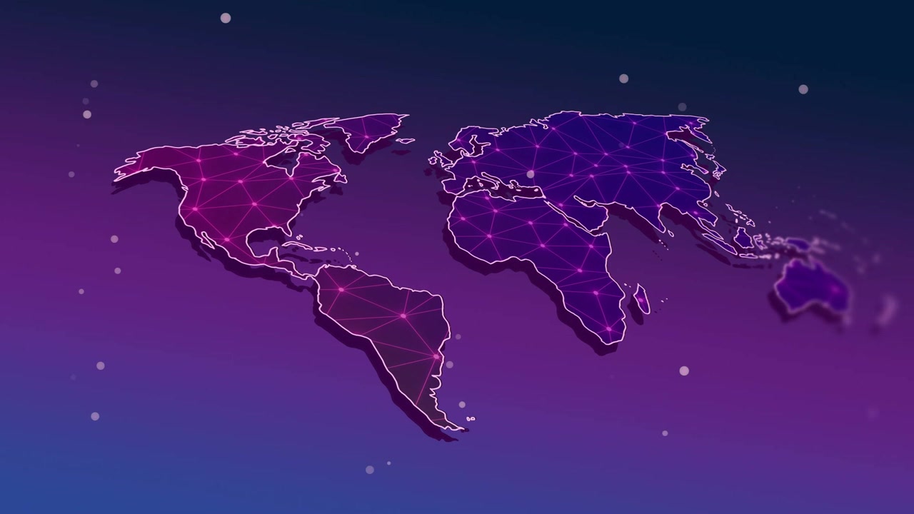 Neon map pulsing with nodes, magenta bloom expanding from Atlantic, initiating node pulses for tech