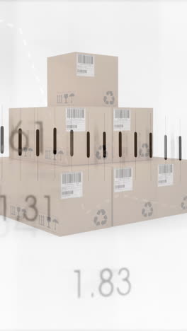 animation of statistics processing over cardboard boxes on white background