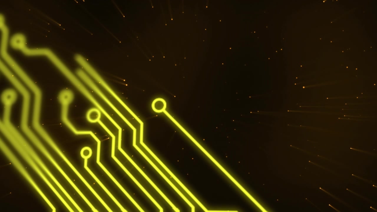 Animation of glowing yellow printed circuit on cosmos background