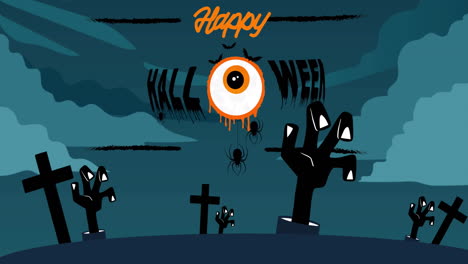 animación de feliz texto de halloween sobre el cementerio
