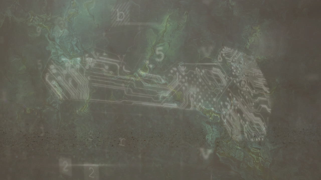 Circuitry animation overlaying abstract green and black background with numbers