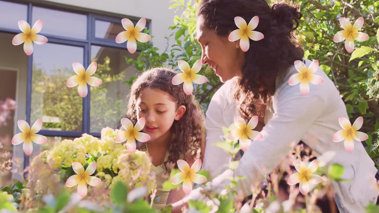 animación de flores sobre mujer biracial y su hija trabajando en el jardín.