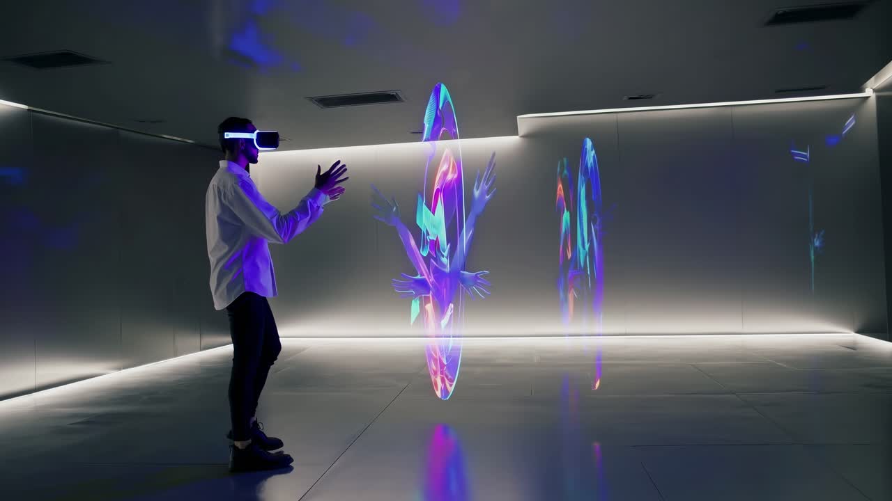 Futuristic video concept of a person in VR headset, interacting in a minimalistic, illuminated room