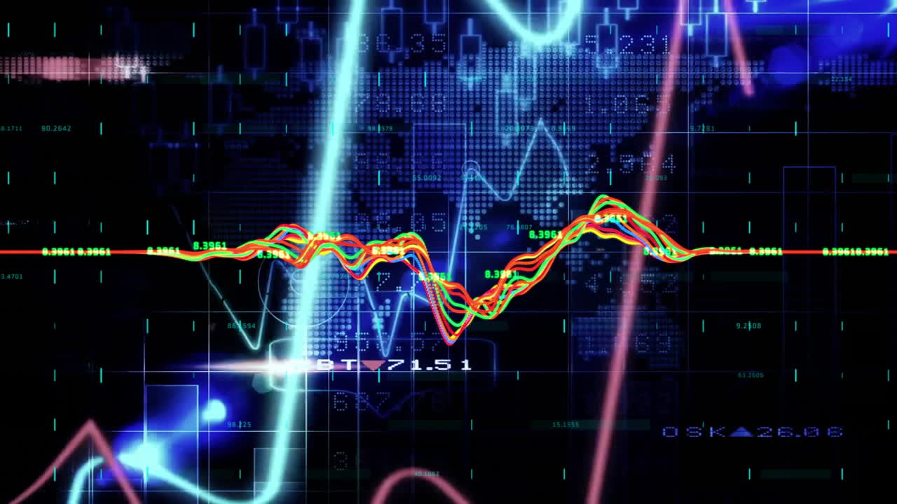 Colorful financial data graph animation over digital world map and binary coding