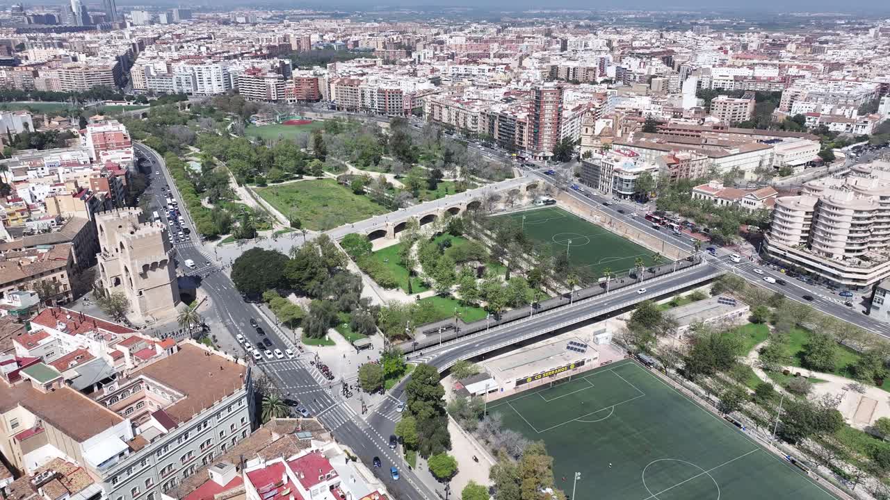 Valencia Skyline At Valencia In Valence Community Spain. Medieval Buildings Scenery. Downtown Cityscape. Valencia At Valence Community Spain. Cultural Heritage Skyline. Urban Scene.