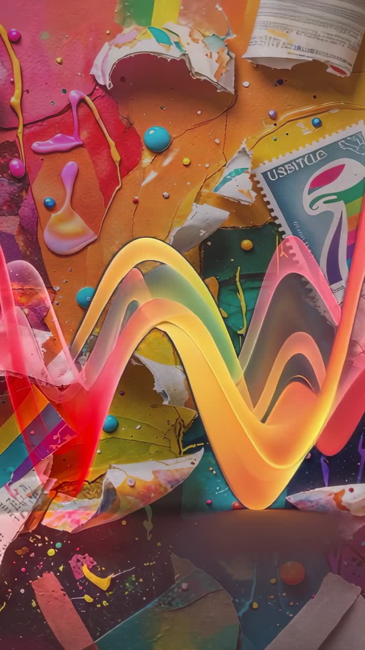 Vertical video: Emerging waveform graphic pulsing over art backdrop showing audio peaks with stamps