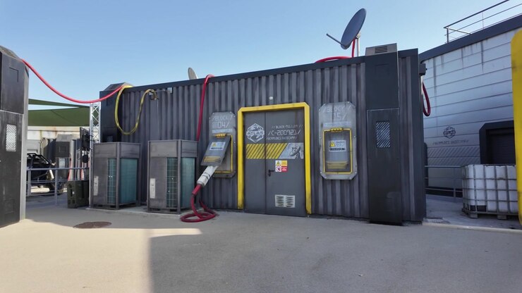 Slow motion video showcasing a futuristic industrial-style container installation with sci-fi design elements at Futuroscope in Poitiers, France