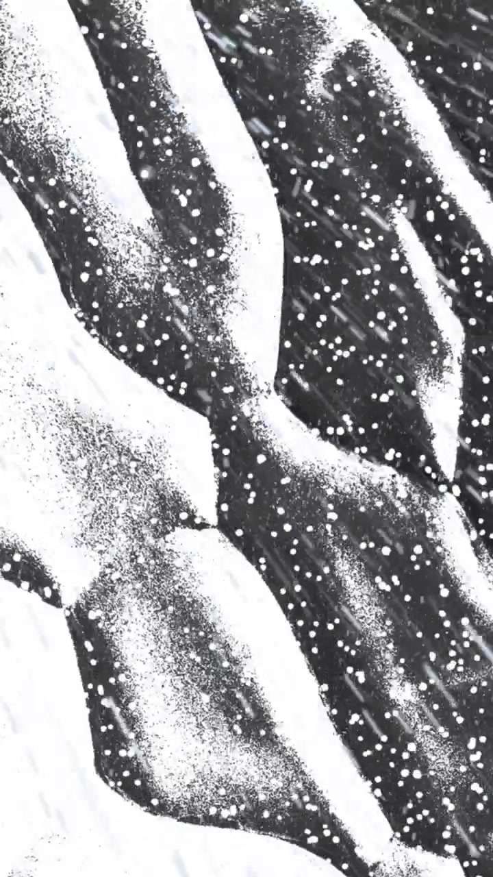 Animation of rain and white particles over moving organic white shapes on black background