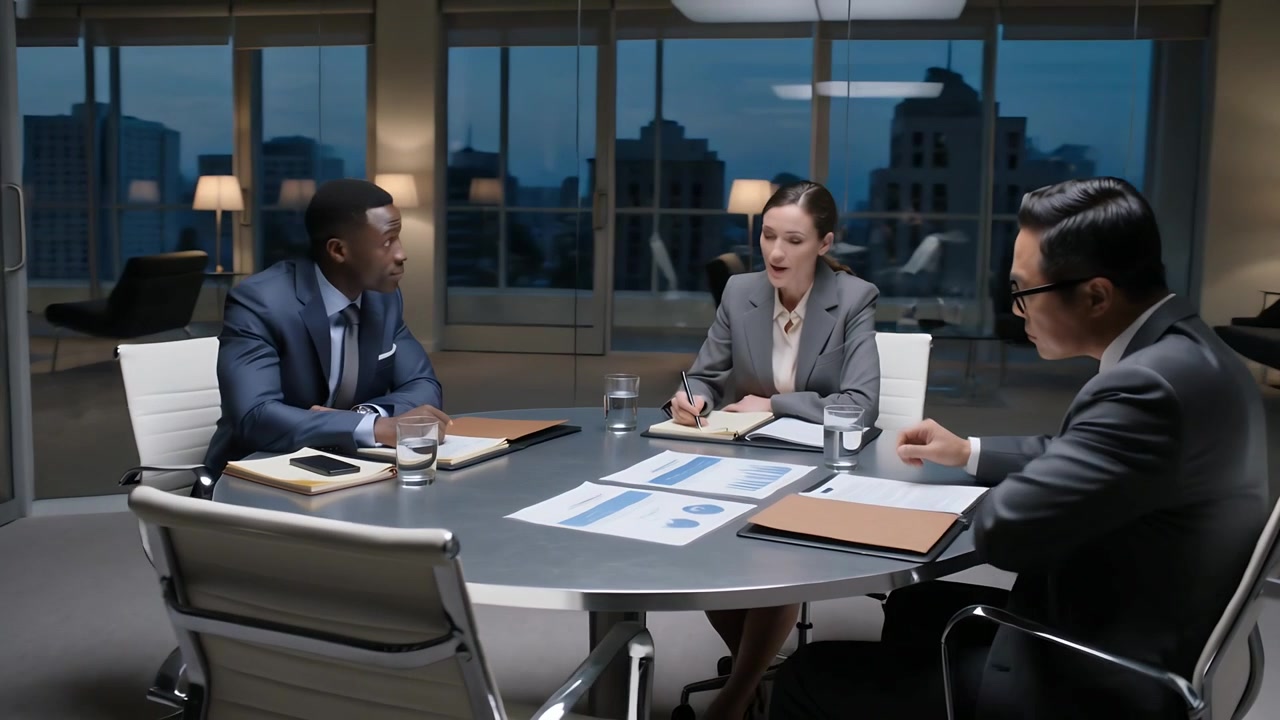 Gesturing left man in navy suit starting meeting at office, center woman taking notes on charts