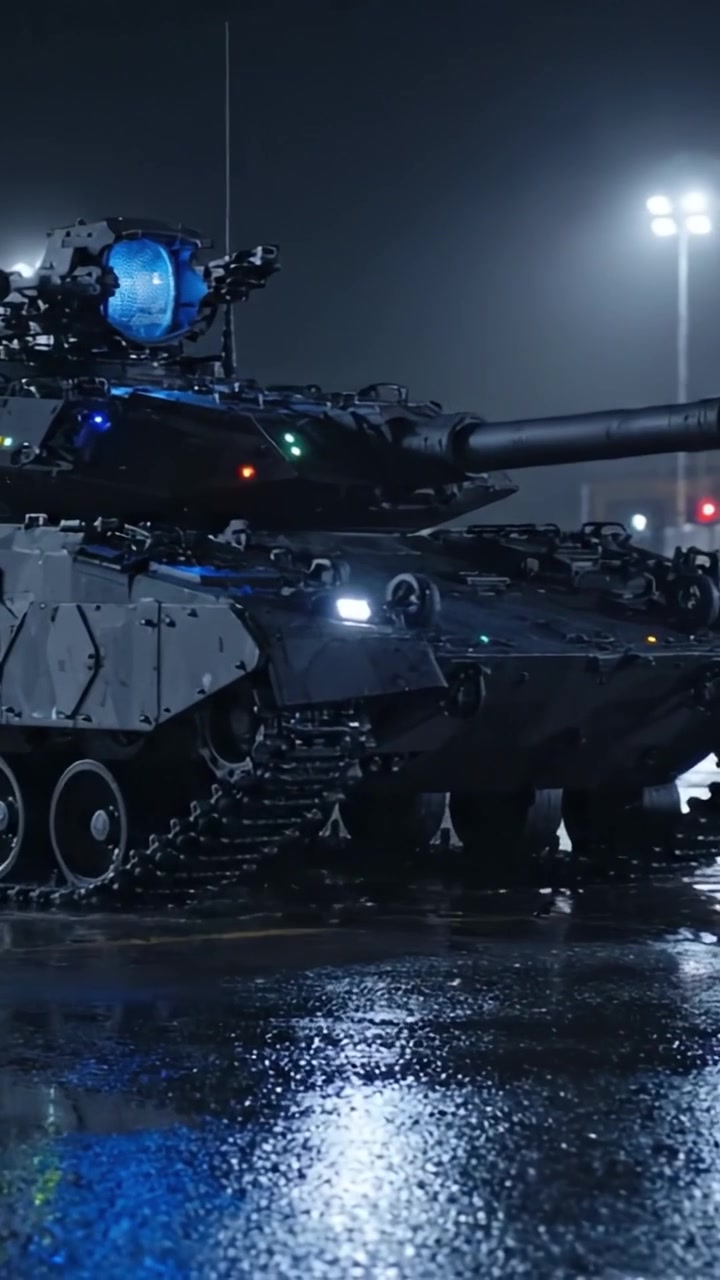 Nighttime Scene Featuring a Heavy Military Tank with Enhanced Lighting and Tactical Features on a Wet Surface, Highlighting Its Engineering and Power