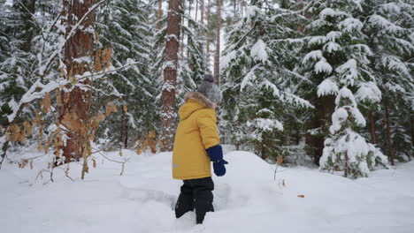 Sorgloses-Kleinkind-Spielt-Am-Winterwochenende-Mit-Schnee-Im-Wald.-Glückliches-Und-Fröhliches-Kleines-Kind