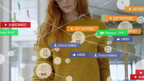 social media notifications and interactions animation over woman in yellow sweater