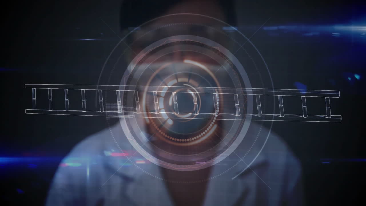 In school, child studying DNA strand with animation on digital interface