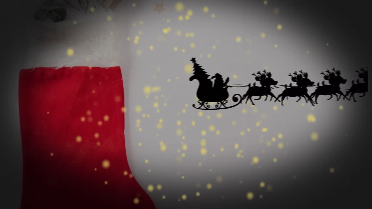 animación de navidad de santa claus en trineo con renos y nieve cayendo