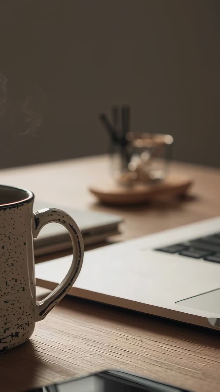 Video verticale: Mostra una tazza fumante che viene appoggiata sulla scrivania accanto a laptop e telefono per una pausa, con spazio per il testo