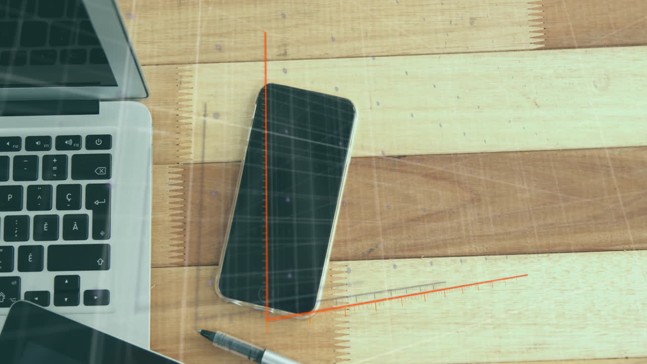 Animation of statistical data processing over digital tablet, smartphone and laptop on wooden table