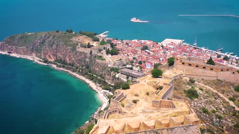 nafplio city and palamidi fortress filmed from drone, nice view of mountain and sea