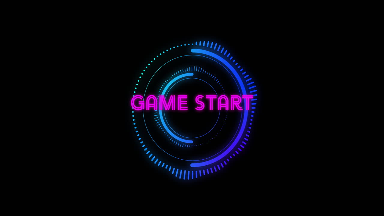Glowing circular graphics in animation for futuristic game start on black background