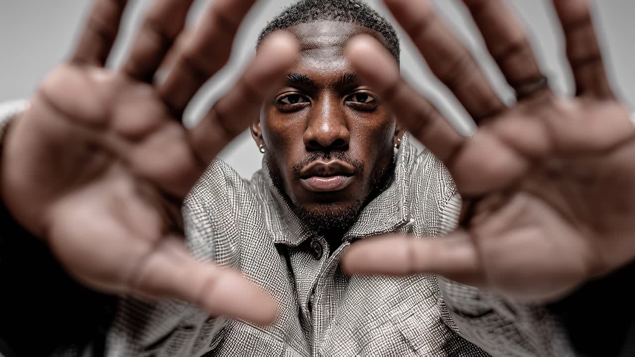 Stylish man making hand gestures in slow motion on white background