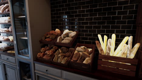 assorted bread display in a bakery