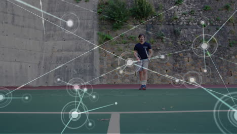 animation of network of connections over male tennis player at tennis court