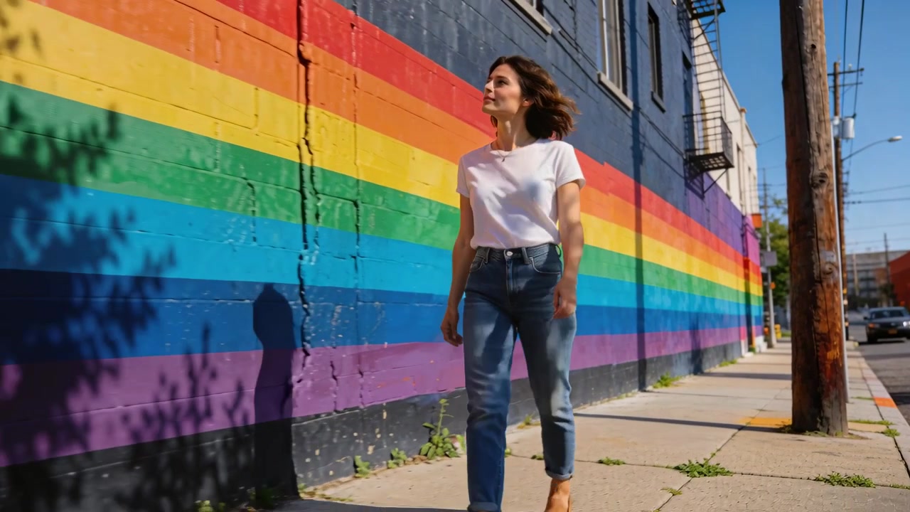 Walking woman in white tee jeans entering frame on sidewalk, passing rainbow mural casting shadow
