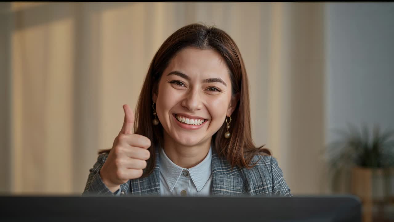 Donna sorridente in blazer grigio che fa il pollice in su con la mano destra, seduta alla scrivania dell'ufficio con un laptop.