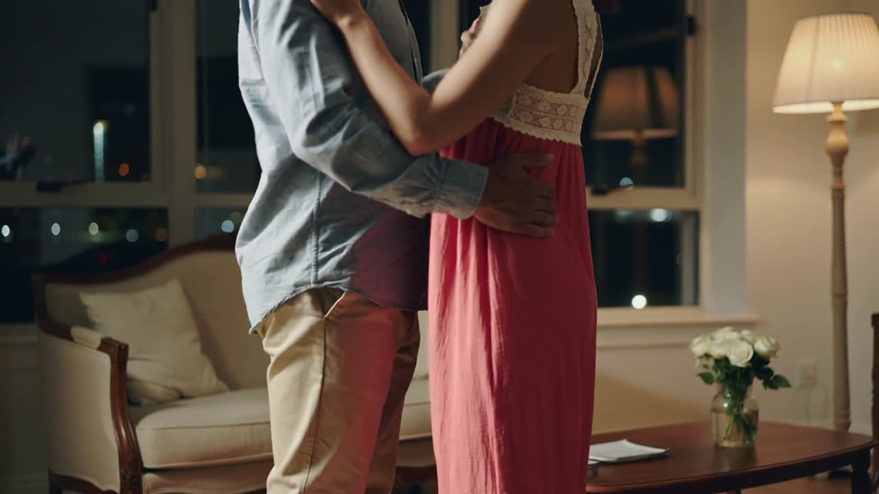 Video verticale: Uomo e donna si stringono in un abbraccio, dondolando in casa per comfort, con rose e benessere.