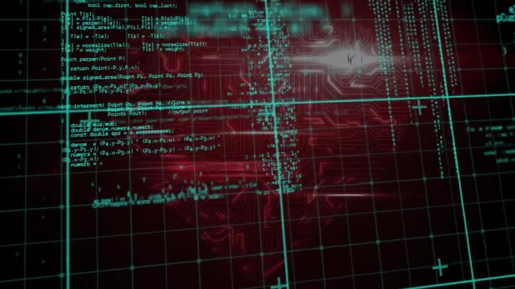 Teal grid starting code scrolling, clustering, spreading, fading into trails showing data flow