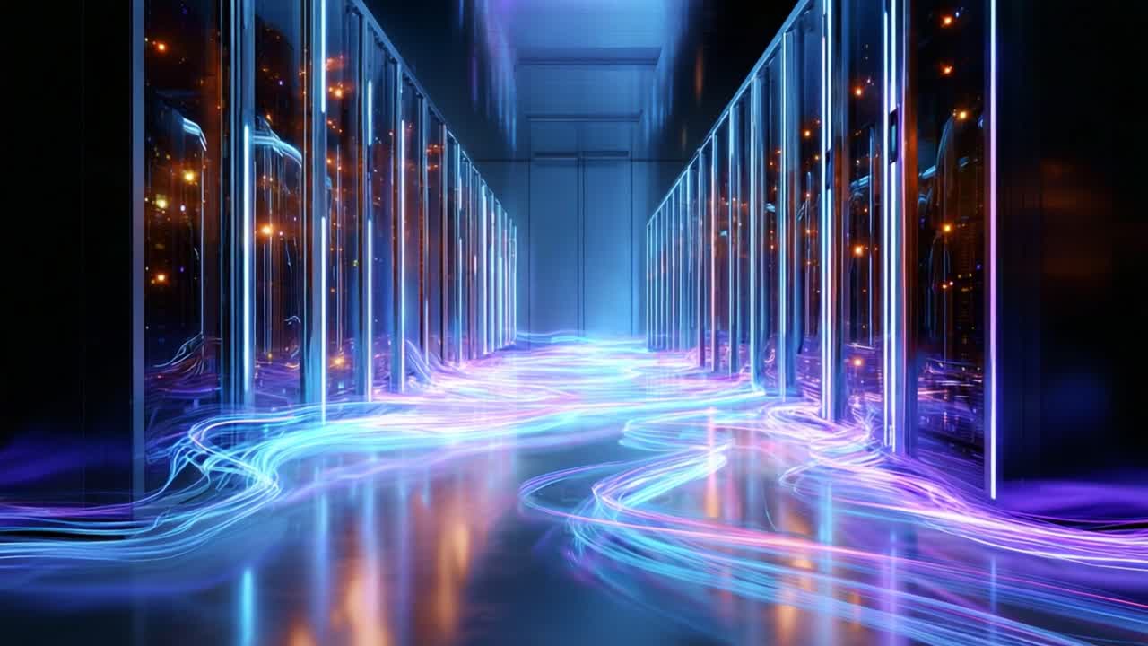 Illuminated Data Center Corridor with Flowing Light Trails Represents the Future of Technology and Digital Networks in a Modern Server Environment