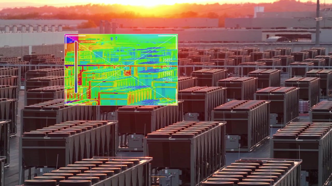 Drone shot of USA data center cooling units with a digital thermal imaging overlay showing high temperature heat signatures from intensive AI server processing and industrial power usage.
