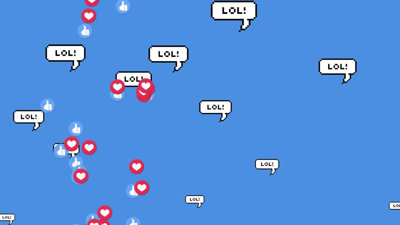 파란색 배경 위에 떨어지는 소셜 미디어 아이콘의 애니메이션