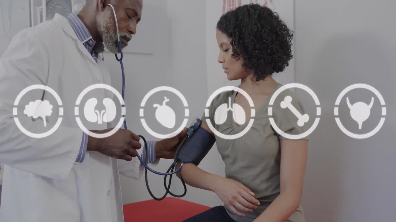 animación de iconos sobre hombre médico afroamericano y mujer